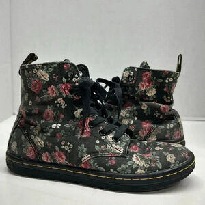 Dr Martens Hackney Combat Boots Canvas Lace Up Ankle Black Pink Rose Floral 6